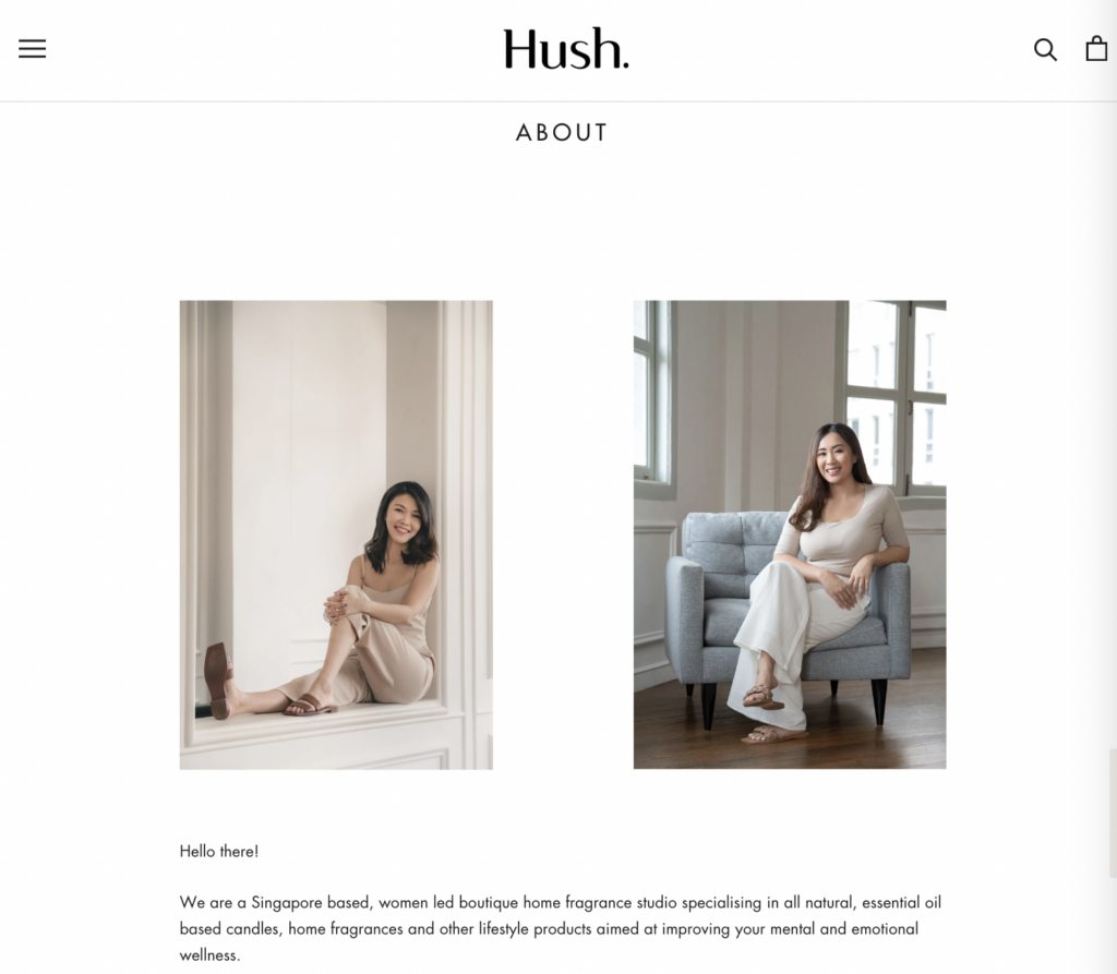 Hush About Page featuring Singapore-based, women-led boutique founders specializing in natural essential oil candles and lifestyle products.